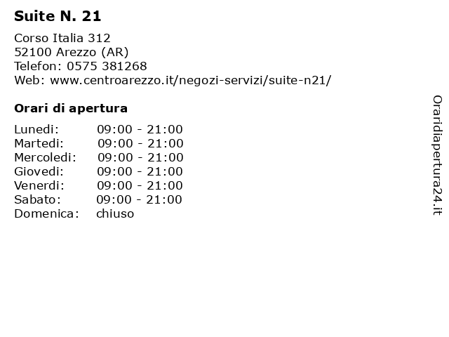 Orari di apertura Suite N. 21 Corso Italia